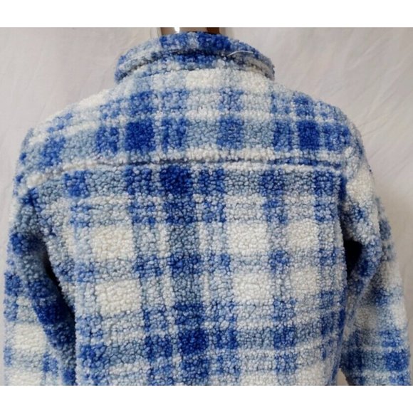 Blair Womens Medium Blue White Plaid Sherpa Snap Front Fuzzy Jacket - Picture 8 of 10